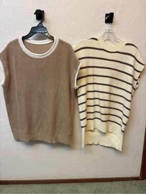 Women’s Knit Sweater Vest in Beige and Cream Stripe
